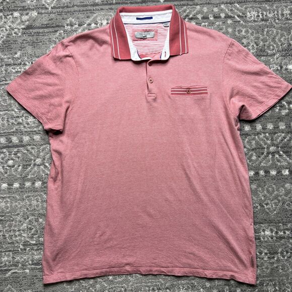 TED BAKER Mens Polo Shirt Size 5 XL Pink Mauve Cotton Pocket Stripe Trim - Picture 1 of 8